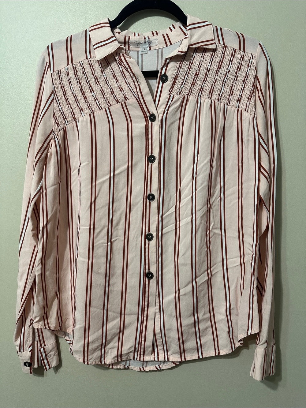 Striped Button-Up Blouse in Light Pink with Burgundy Stripes - Unbranded